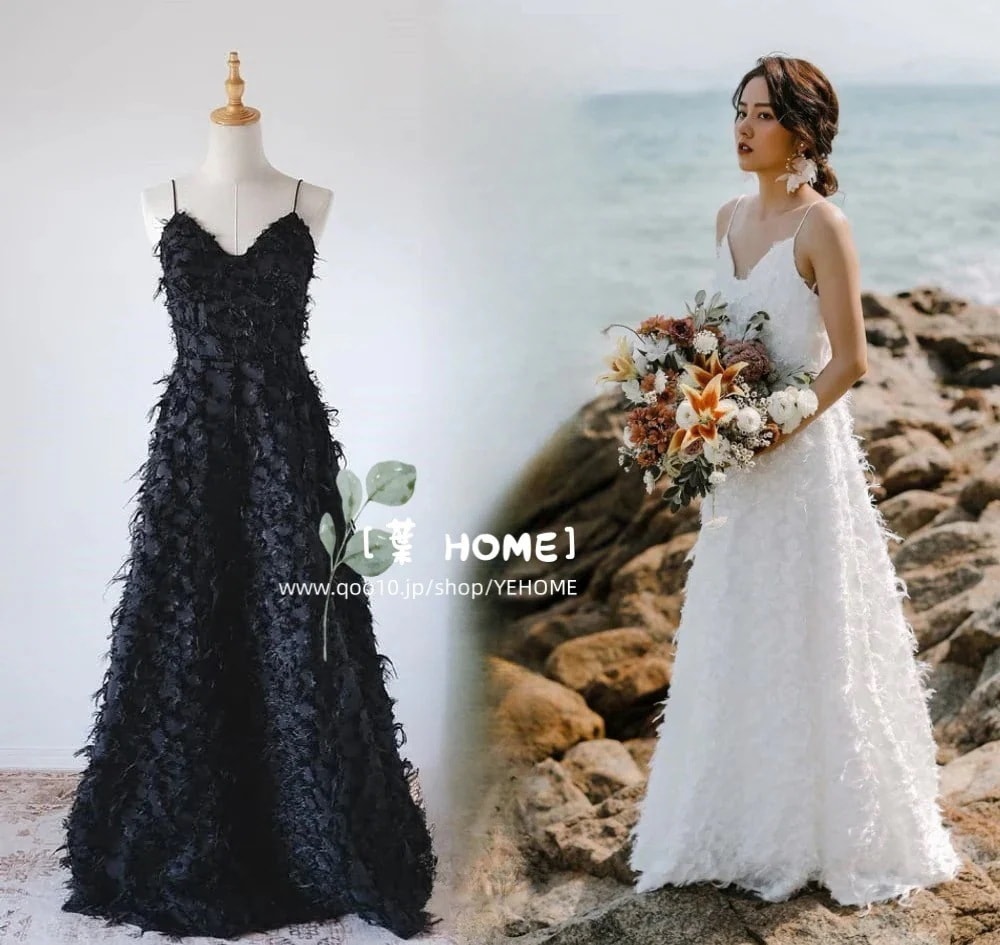 [葉 HME] パーティードレス フェザーモチーフデザインし ホワイト ブラックドレス 花嫁 ウェディングドレス エンパイアドレス 披露宴 二次会 前撮り ワンピース ウエディング ロングドレス母の日