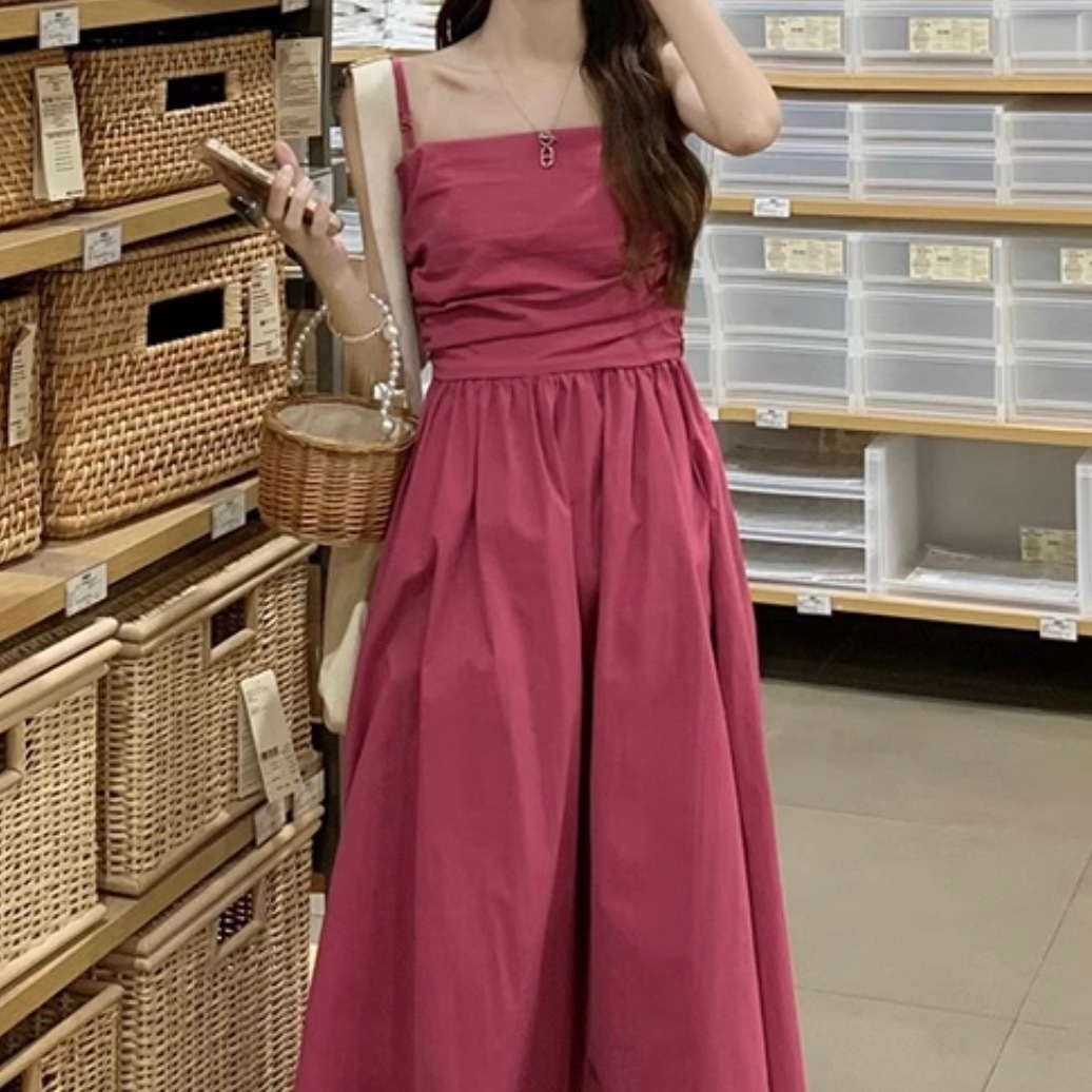 レディース ワンピース デート ワンピドレス キャミソールワンピース ロング ロング丈 袖なし ノースリーブ ラウンドネック クルーネック 襟なし セミフレア 切り替えデザイン ドッキング