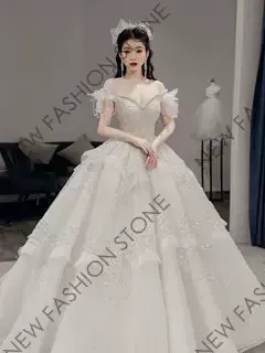 ワンショルダーライトウエディングドレス2024新作フレンチウェディングドレス-41