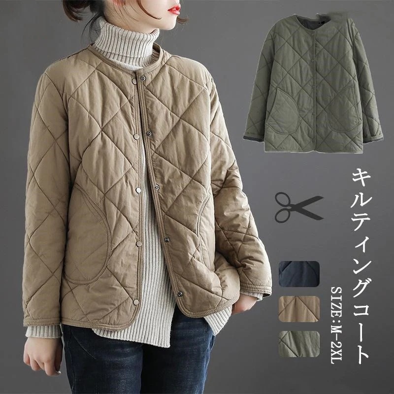 人気沸騰柄追加キルティングコートレディースコート中綿コート冬キルティング無地軽量防寒大きい暖かいアウターノーカラー秋ブラックあったか