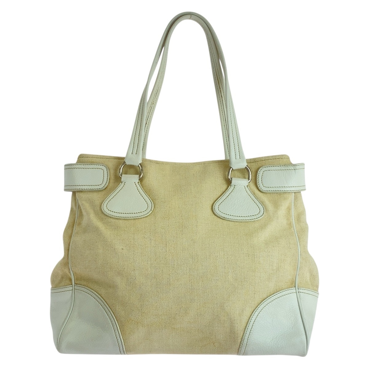 三角ロゴプレート ホワイト アイボリー キャンバス/レザー トートバッグ ショルダーバッグ レディース 504037