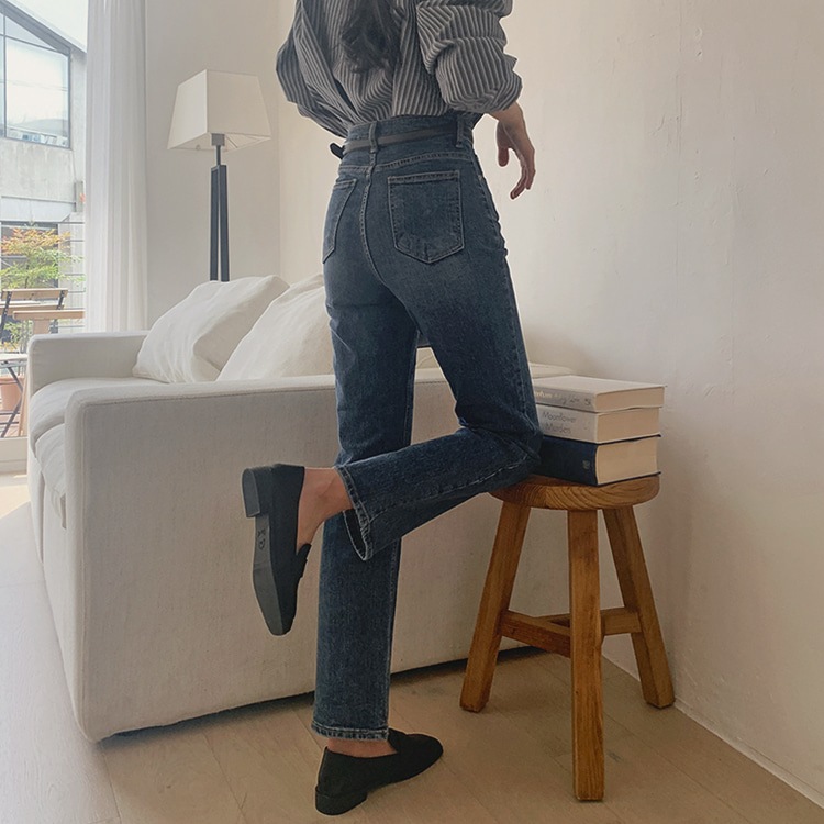 [tje0381] 韓国ファッションスパン中青ストレートデニムパンツ