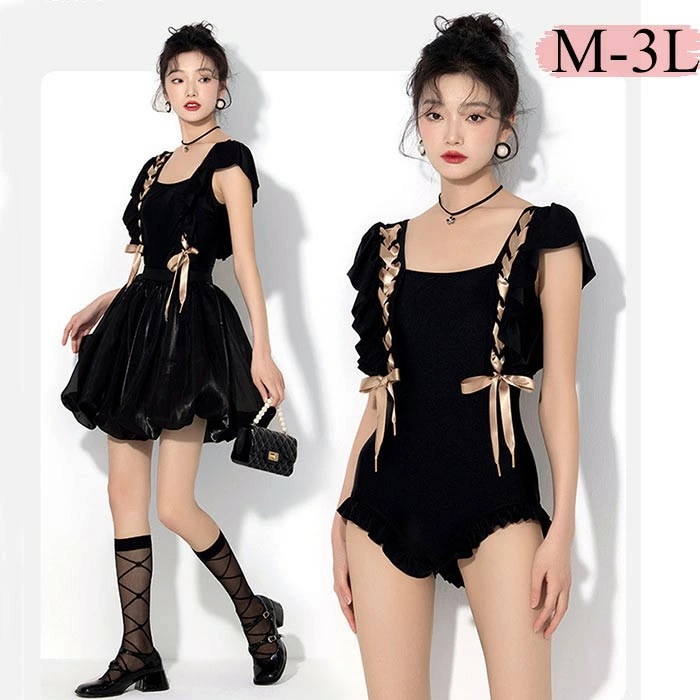 ワンピース水着 レディース 体型カバー スカート追加可 水着 UVカット ワンピース ぽっちゃり 大きいサイズ ロリータ水着 かわいい ブラック 着痩せ パッド付 ビーチ 海デート 韓国風 女性用 大