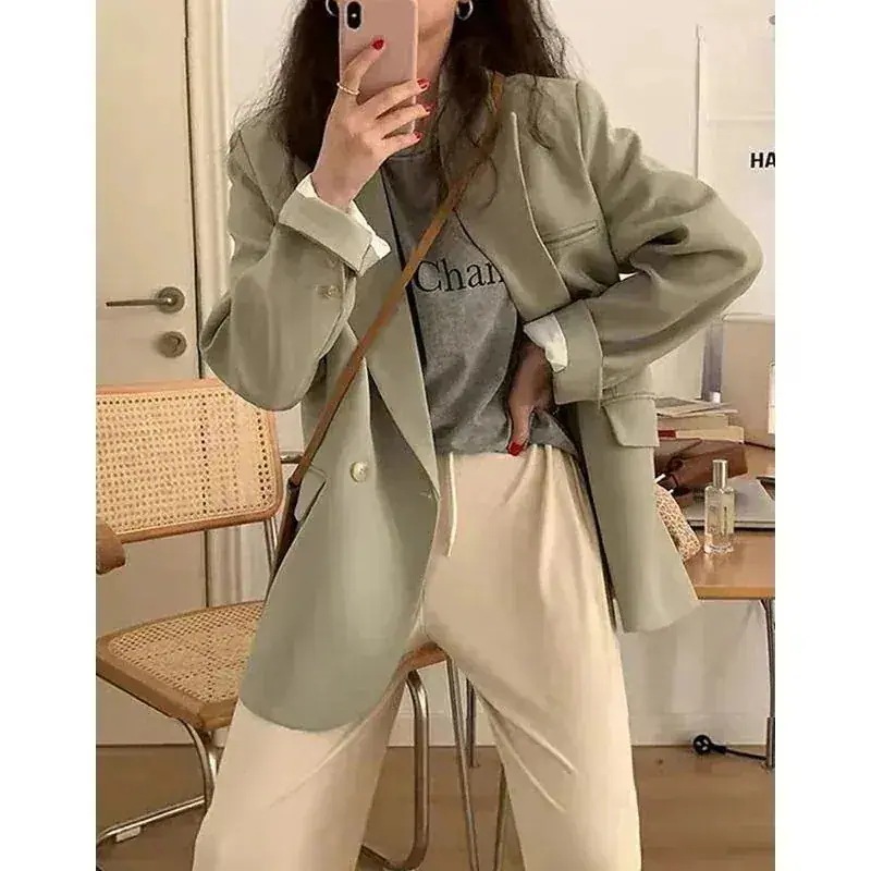 シンプルノーカラーコート春アウタージャケット通勤春と秋の作ブレザー学生のゆったりブレザースーツレディース韓国ファッション