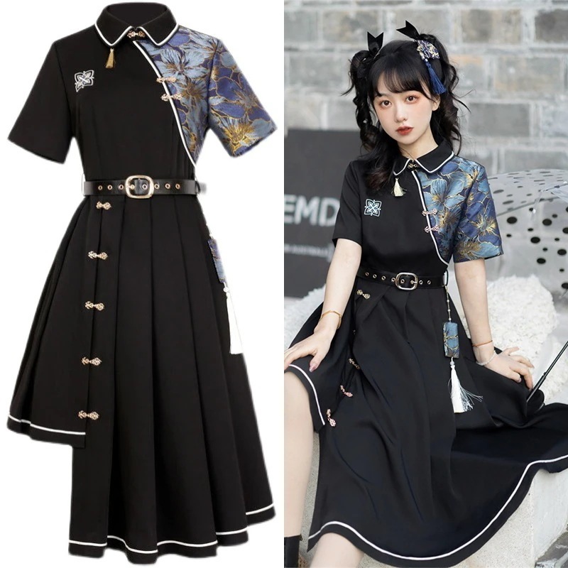 チャイナ風ワンピース 切り替えワンピース 夏 不規則 ワンピース 刺繍 半袖 花柄 黒