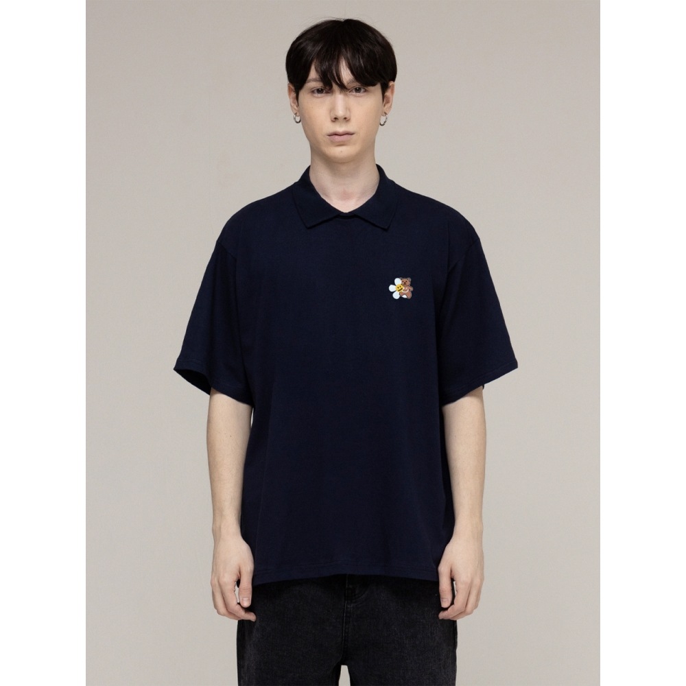 GRAVER フラワーベアスマイル刺繍襟半袖Tシャツネイビー