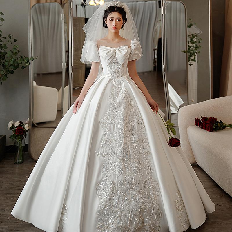 ウェディングドレス ウエディングドレス 二次会 結婚式 前撮り ブライダル ロングドレス 花嫁 プリンセスドレス プリンセスラインドレス サテン 半袖 刺繍 王道