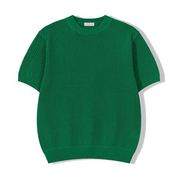 メンズプレミアムネットラウンドネック半袖ニットTシャツ GN-KNH-Q011-グリーン