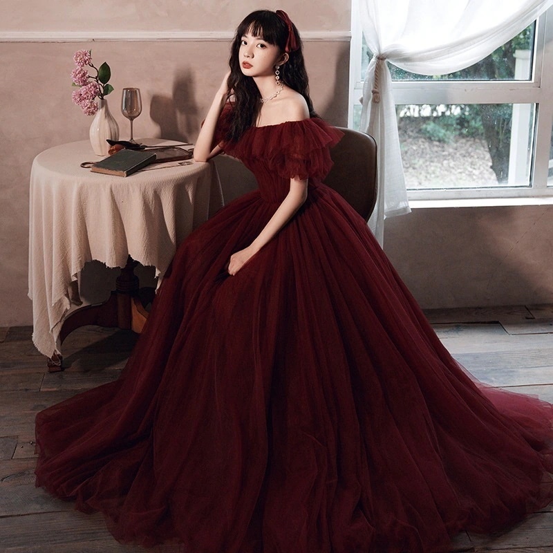 高級感ワインレッド ロングタイプ ボートネック スリム見え 結婚式ワンピース韓国ファッション ロングドレス フィッシュテールロングワンピース