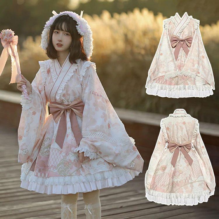 浴衣 ドレス 可愛い 女の子 和ロリータ ワンピース 可愛い 和 メイド服 ゆかた 浴衣ドレス 春 桜 お花見 グッズ かわいい ピンク 和装 リボン Lolita ロリ