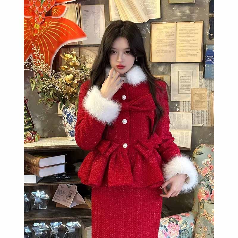 韓国ファッション 2点セット クリスマス 新年 セット高級感リボントップス痩せ見え半身スカート