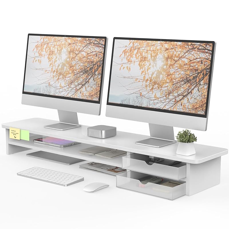 Fenge モニター台 卓上 モニタースタンド パソコン台 机上台 2段 108cm 引き出し 木製 アクリル製 白 pcモニター台 ディスプレイ台 机上ラック 卓上収納 pc台 G04K2101A