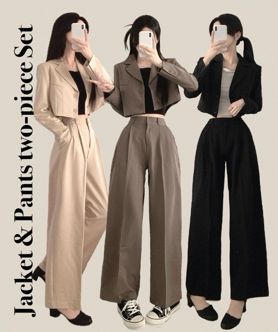 [高クオリティ/セット] クロップジャケット ピンタック スラックス ツーピース セットアップ