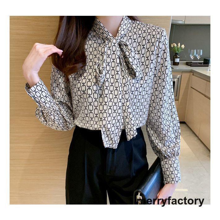 大人気 ボウタイ レトロ 柄 ブラウス 長袖 レディース トップス 上品 きれいめ 事務服 シャツ リボンタイ ボウタイブラウス リボンブラウス パーティー フォ