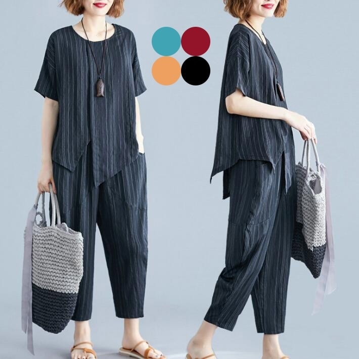 綿麻2点セット　セットアップ　リネン　トップス　パンツ　サルエルパンツ　半袖　アシンメトリー　フィッシュテール　ウエストゴム　レディース　トップス　ボトムス　オーバーサイズ　大きいサイズ　夏今日は30