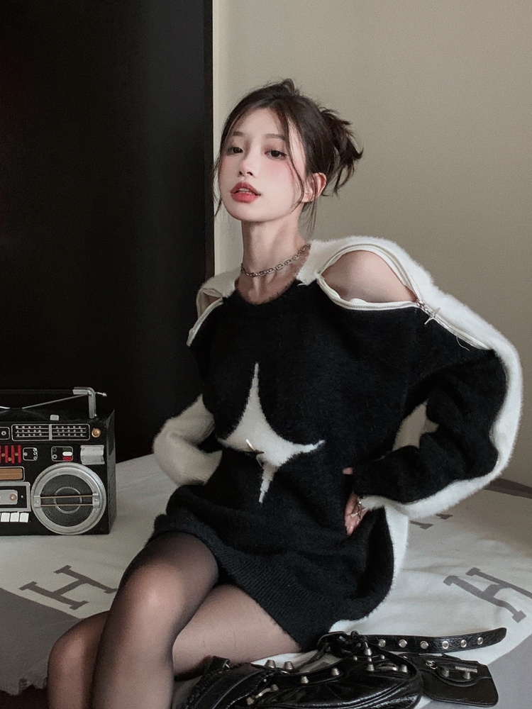 モヘアセーター オフショルダー 長袖 ニット セーター モヘア トップス レディース 秋 ミドル丈 ゆったり ２カラー a4619