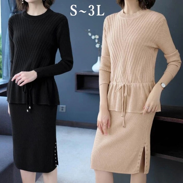 ニットニットワンピース風フリルニットスカート2点セットスカートリブ編みニットセットアップ セットア