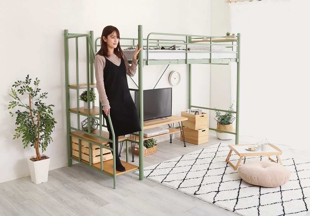 ロフトベッド ハイベット おしゃれ 北欧モダン 高さ調節 頑丈 棚 コンセント アースカラー 階段 耐荷重120kg 30,674円