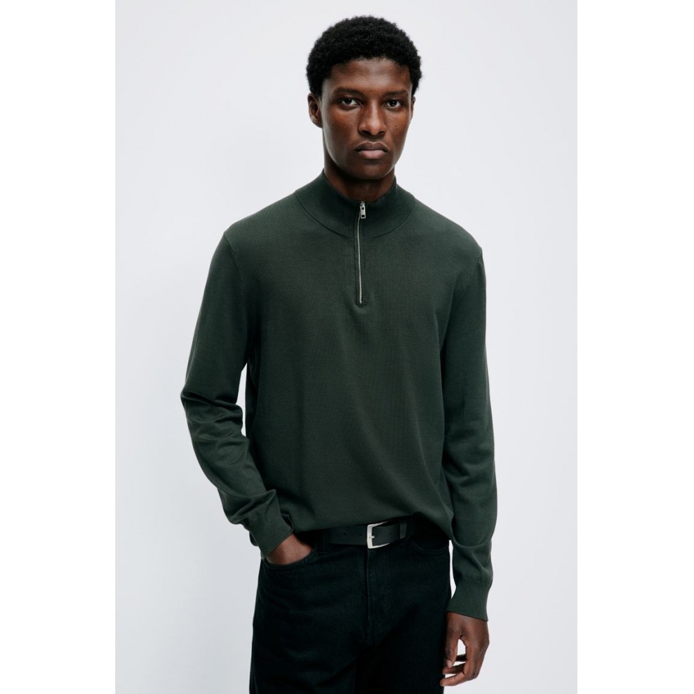 H&M スリムフィットジップトップファインニットセーターダークグリーン