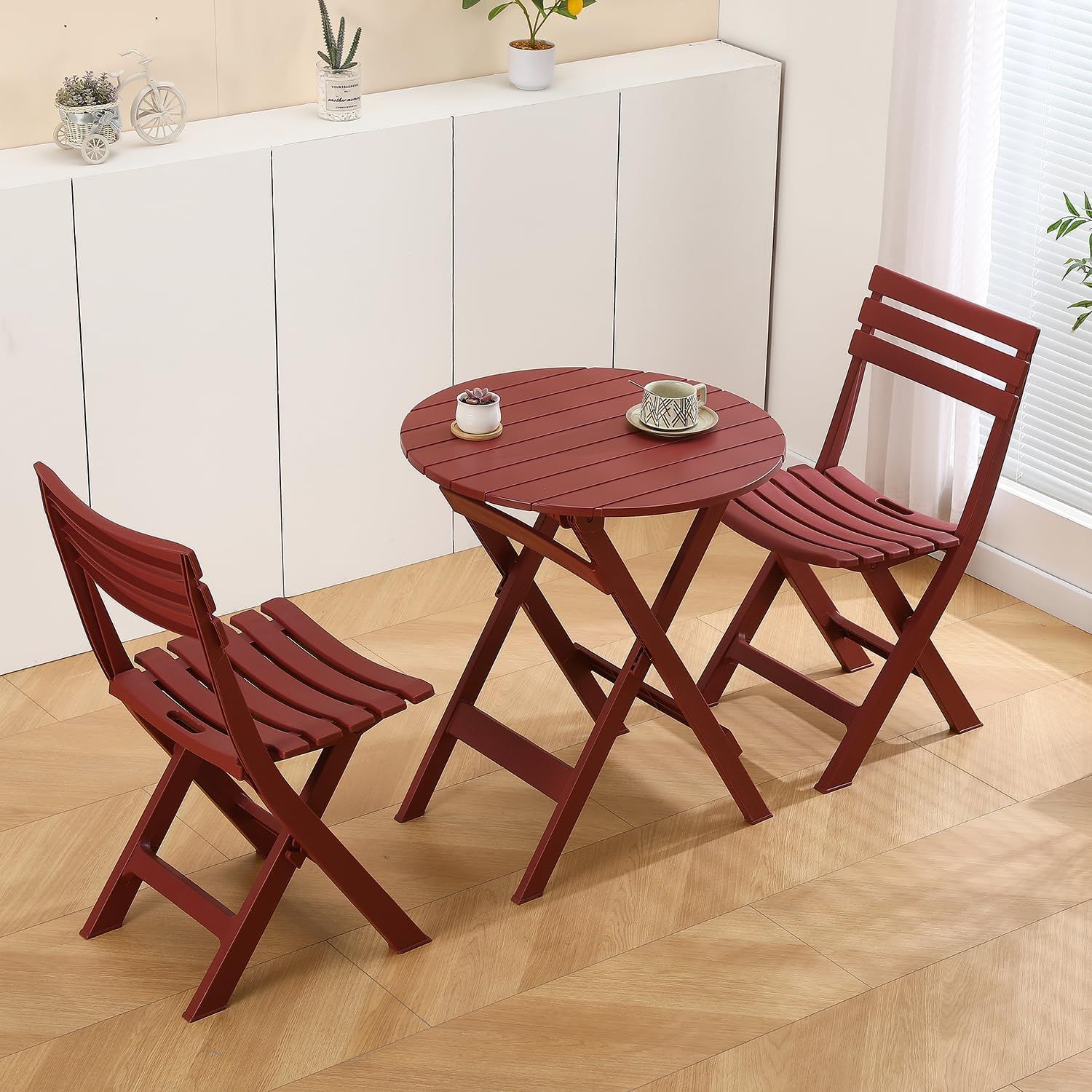 ガーデンテーブル 3点セット 折りたたみ椅子・テーブルセット アウトドアチェア 持ち運び 組み立て不要 プラスチック お庭・ベランダ・バルコニー用 椅子セット レッド