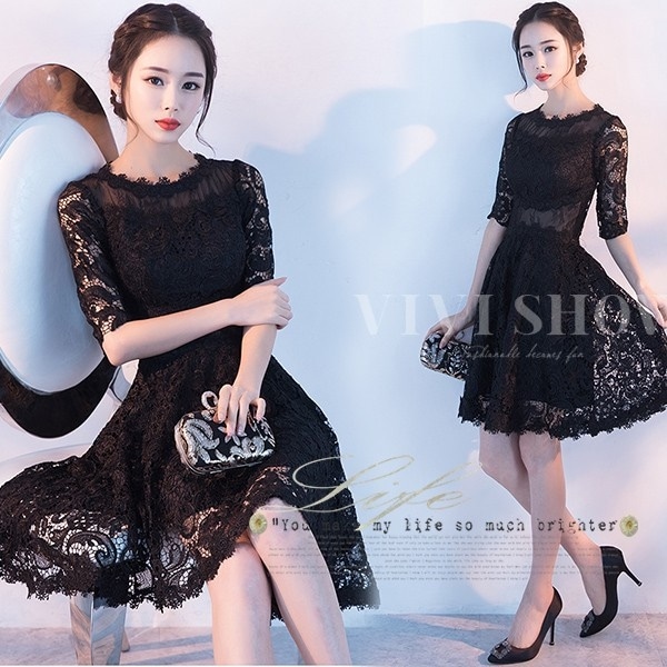 パーティードレス 結婚式 袖あり 着痩せ ミニドレス ウエディングドレス レース 大人 披露宴 卒業式 二次会 成人式 黒 上品 お呼ばれ