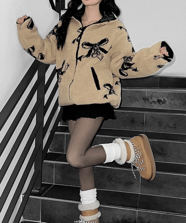 [オーバーフィット/高クオリティ] 王リボン ボア ボアフリース 1color