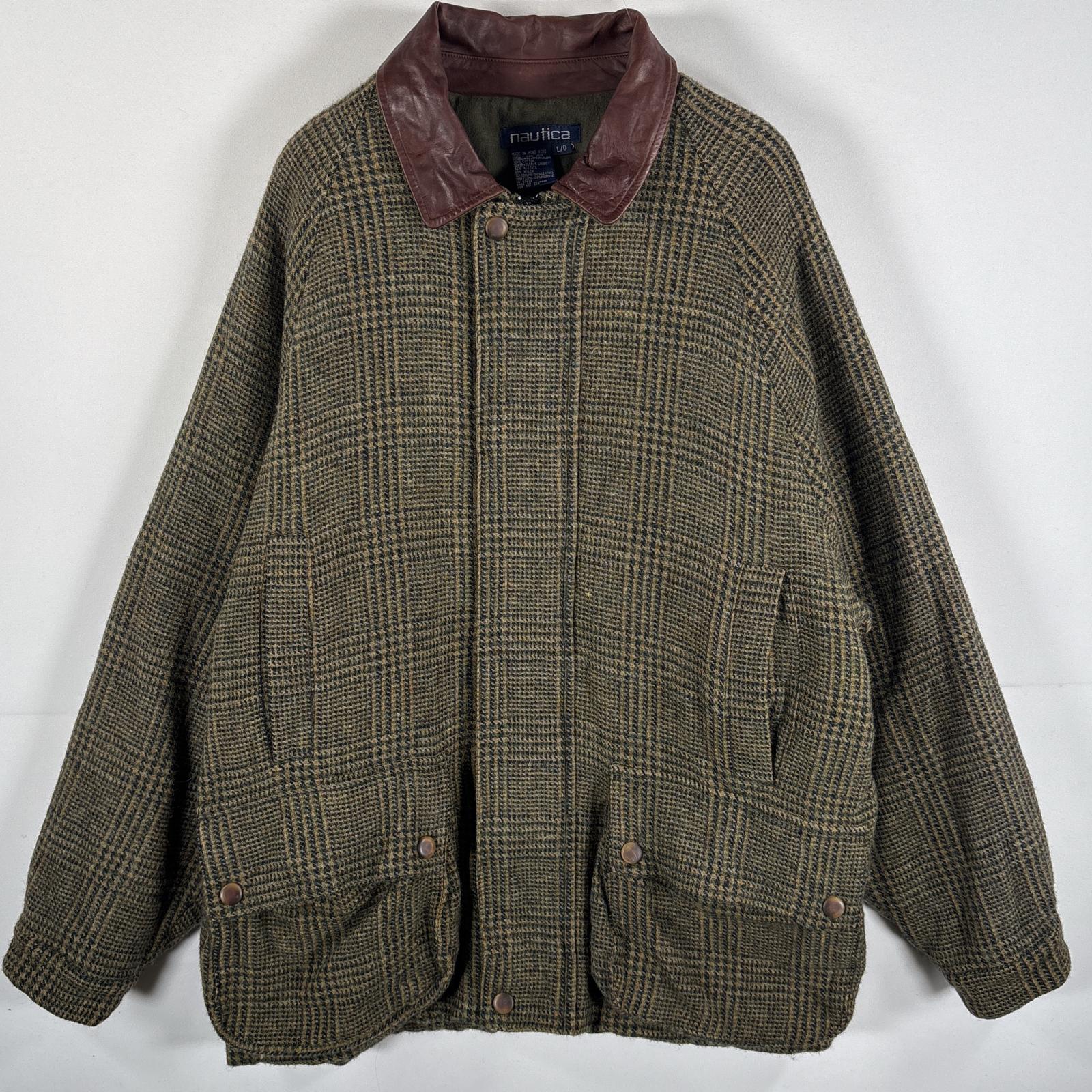 古着 90s/90年代 ウールジャケット ツイード ジャケット 襟レザー 長丈 L グリーン系 メンズ