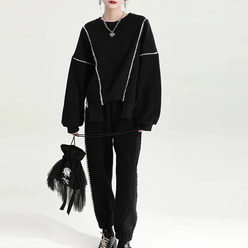 【送料無料】レディース シンプル 長袖 春 トップス 新作 デザイン コントラストカラー イレギュラー スウェット