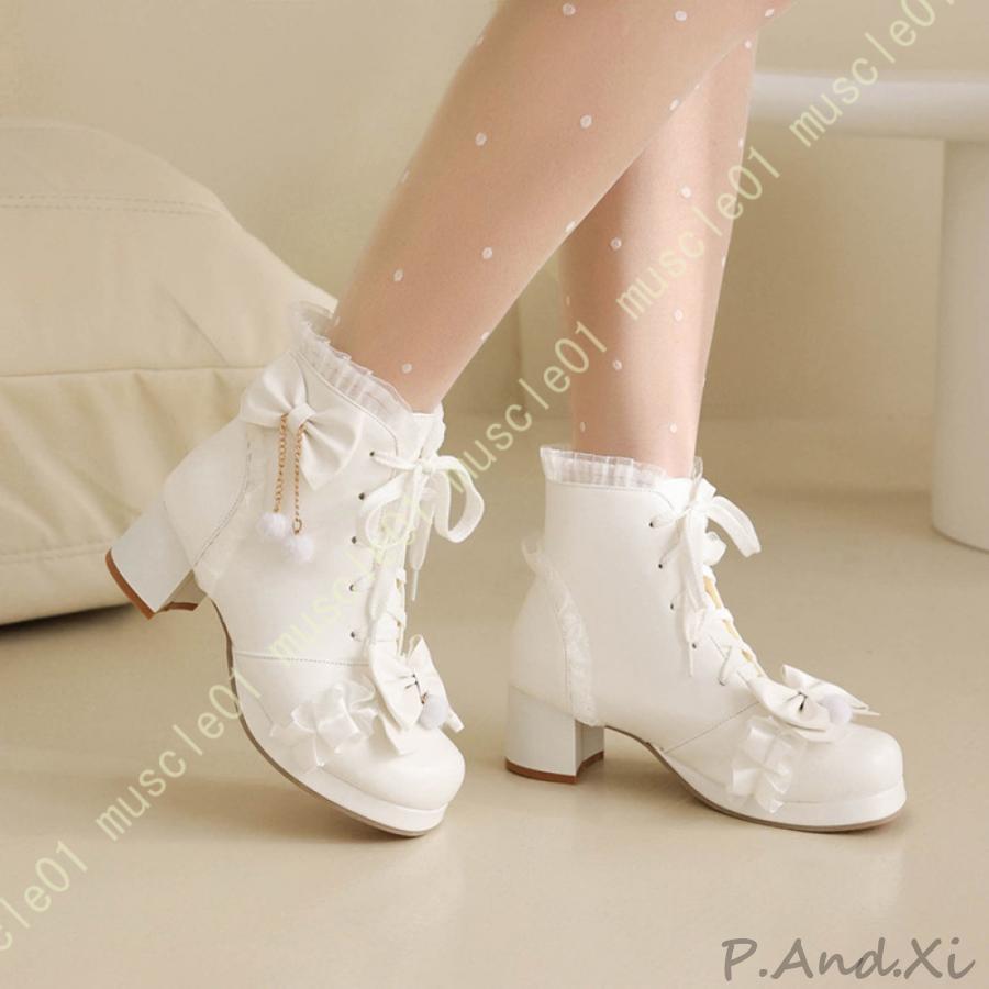 姫系 ショートブーツ レディース ロリータ 革靴 パール飾り おしゃれ フリル レース 編み上げブーツ チャンキーヒール 厚底ブーツ おしゃれ 森ガール