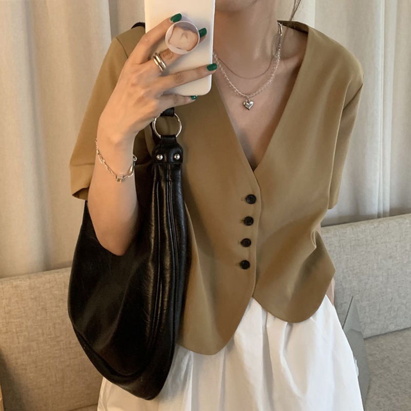 ジャケット 半袖 レディース ショート丈 送料無料 2色 レディース クロップ丈 Vネック レトロ かわいい オーバーサイズ ビッグシルエット 大人女子 エレガント 無地 春 夏 ガーリー 10代 2