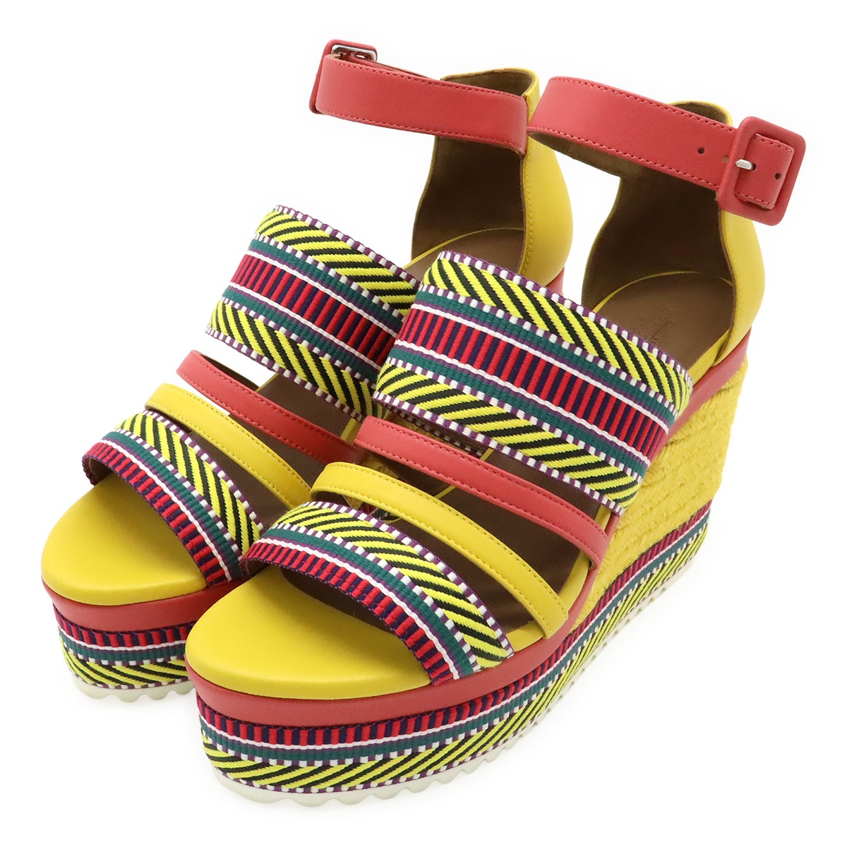 イネス サンダル ウェッジソール レザー イエロー 黄 ピンク マルチカラー #38 日本サイズ約24.5cm 181094