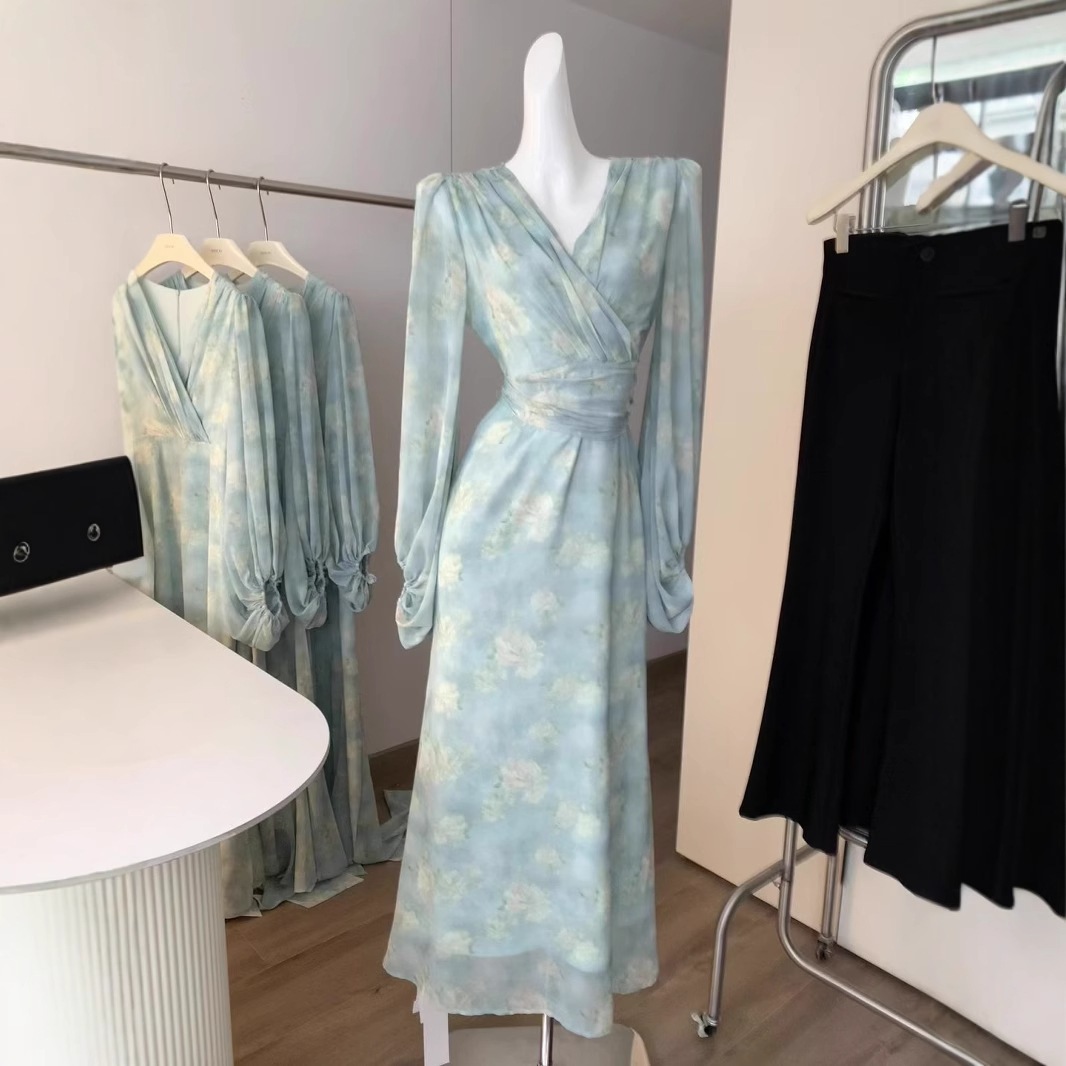 【急速出荷】フレンチvネックレースパッチワークミントグリーン神明少女長袖フレアスリーブ着やせワンピース