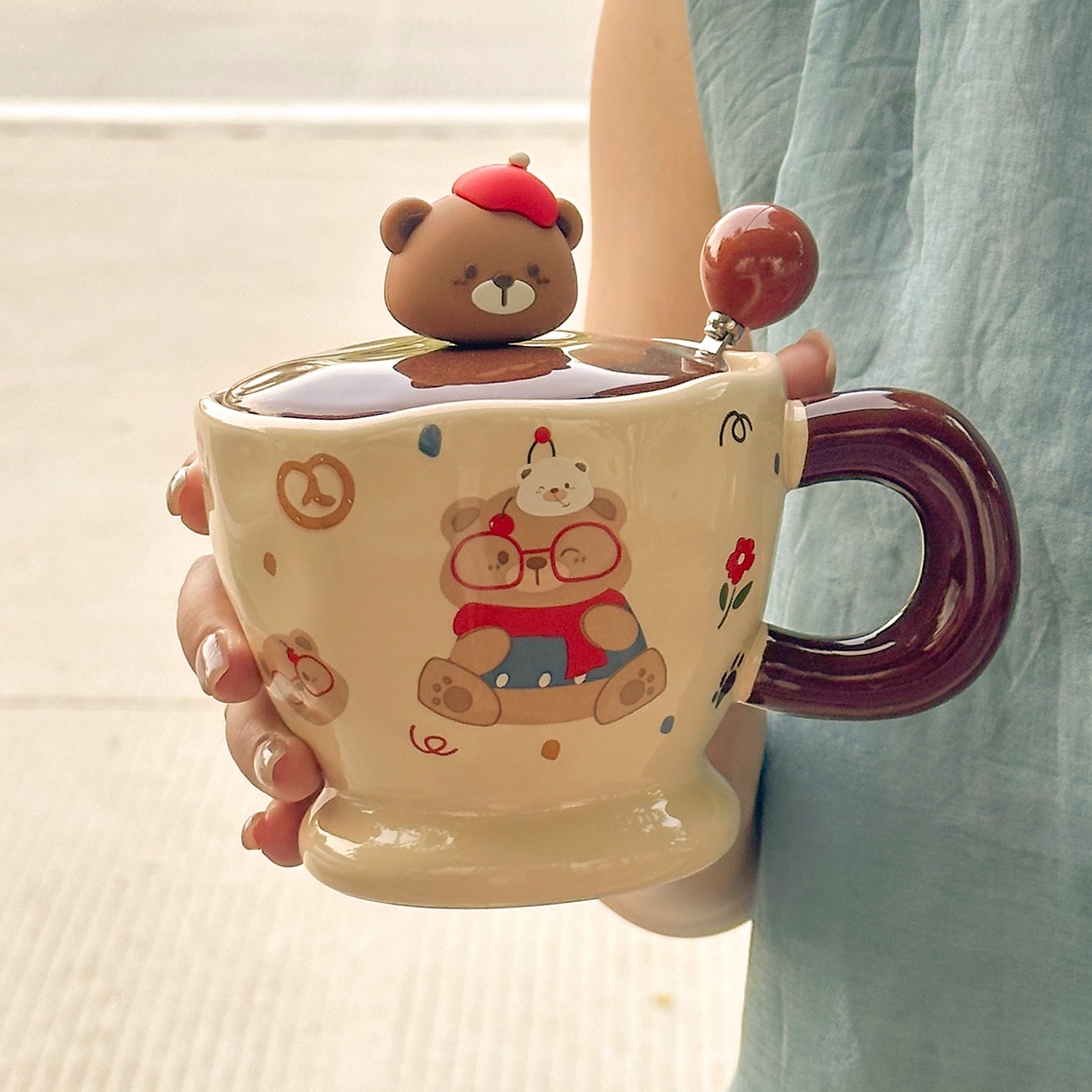 かわいいクマの陶器製マグカップ蓋とスプーン付き家庭用ドリンクカップカップルの朝食コーヒーやミルクカップ誕生日プレゼント