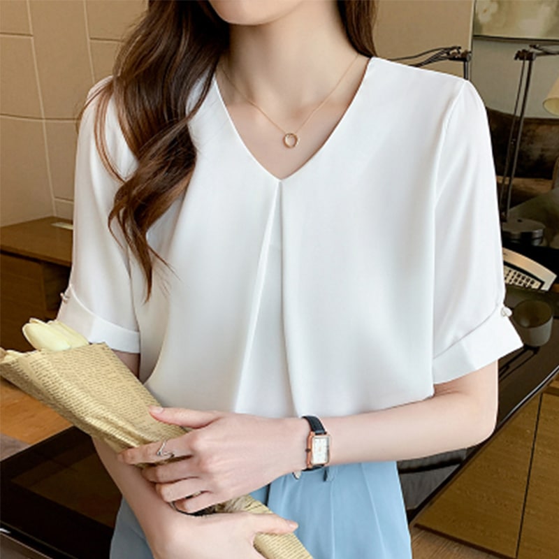レディース スッキパー vネック ブラウス 白 半袖 長袖 シャツブラウス きれいめ オフィス
