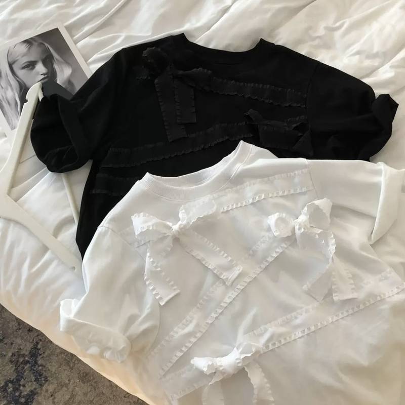 2色 半袖 シャツ Tシャツ カットソー フリル リボン オーバーサイズ かわいい きれいめ 大人女子 エレガント 無地 春 夏 ガーリー 10代 20代 大人 学生 モノトーン 黒 白 韓国系 お出