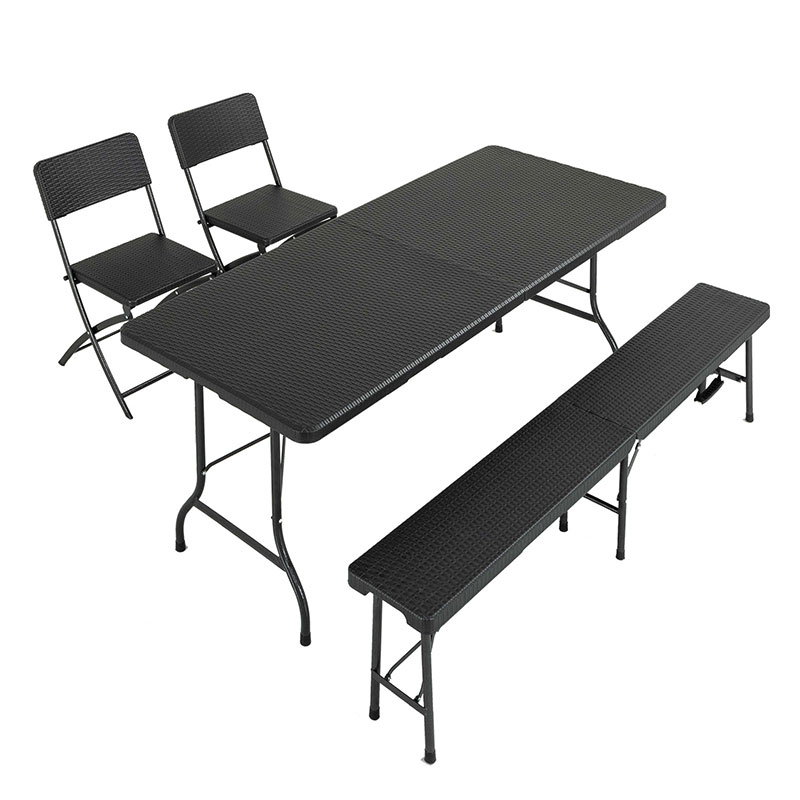 折りたたみ ガーデンテーブル 幅179cm 4点セット ベンチ チェア ブラック ラタン調 木目調 バルコニー 屋外 ベランダ テラス 折り畳み ガーデンセット ガーデン