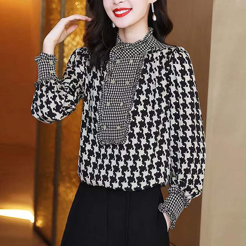 トップス シャツ プルオーバー 長袖 襟なし スタンドカラー ハイネック 切り替えデザイン ダブルボタン ノスタルジック レトロ かわいい 可愛い きれいめ シンプル カジュアル 上品