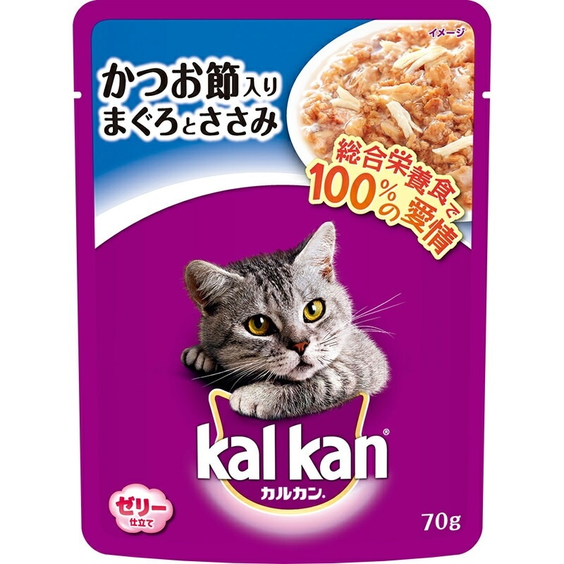 （まとめ買い）マース カルカン パウチ 1歳から かつお節入りまぐろとささみ 70g 猫用 ゼリー仕立 [x40]