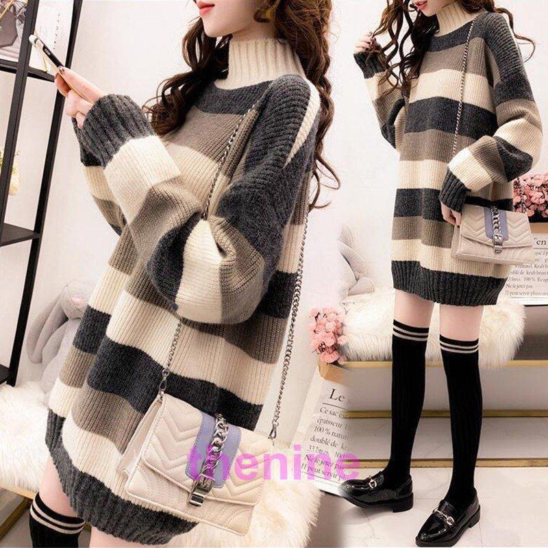 安い商品 今日だけ ニット セーター レディース トップス 長袖 ハイネック チュニック ボーダー柄 お洒落 体型カバー 通勤 ゆったり 着やすい セーター カジュアル 秋冬 3枚購入で350円OFF