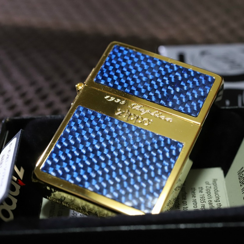 【ZIPPO】1935 復刻レプリカ 両面カーボンパネル 青金 ゴールド＆ブルー 人気 ジッポ ゴールドタンク シンプル アンティーク プレゼント 金タンク かっこいい オイルライター