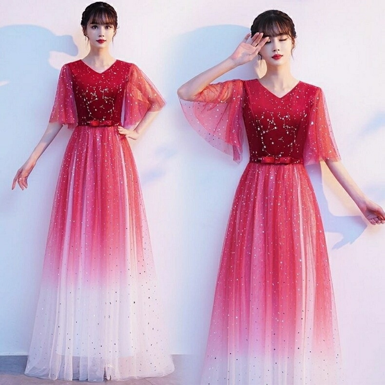 お見逃しなくカラードレス ファスナー レッド グラデーション ステージドレス ロングドレス 結婚式 二次会 発表会 演奏会 ウェディングドレス ウエディングドレス コンサート イブニングドレス コンテ