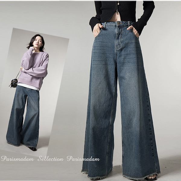 【新品】デニムワイドパンツ　バギーパンツ　切りっぱなし　大人スタイル　ゆったり　女子会細く見える通勤通学20代30代40代50代60代
