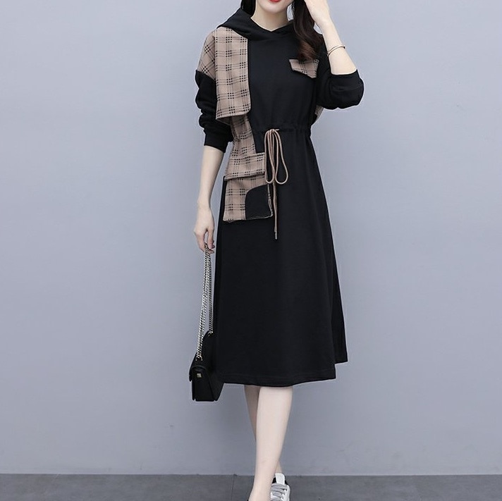 ワンピース パーカー ミモレ ミモレ丈 袖あり 長袖 アシンメトリー 切り替えデザイン ウエストマーク ウエストリボン フード付き かわいい 大人可愛い きれいめ おしゃれ お洒落 かっこいい