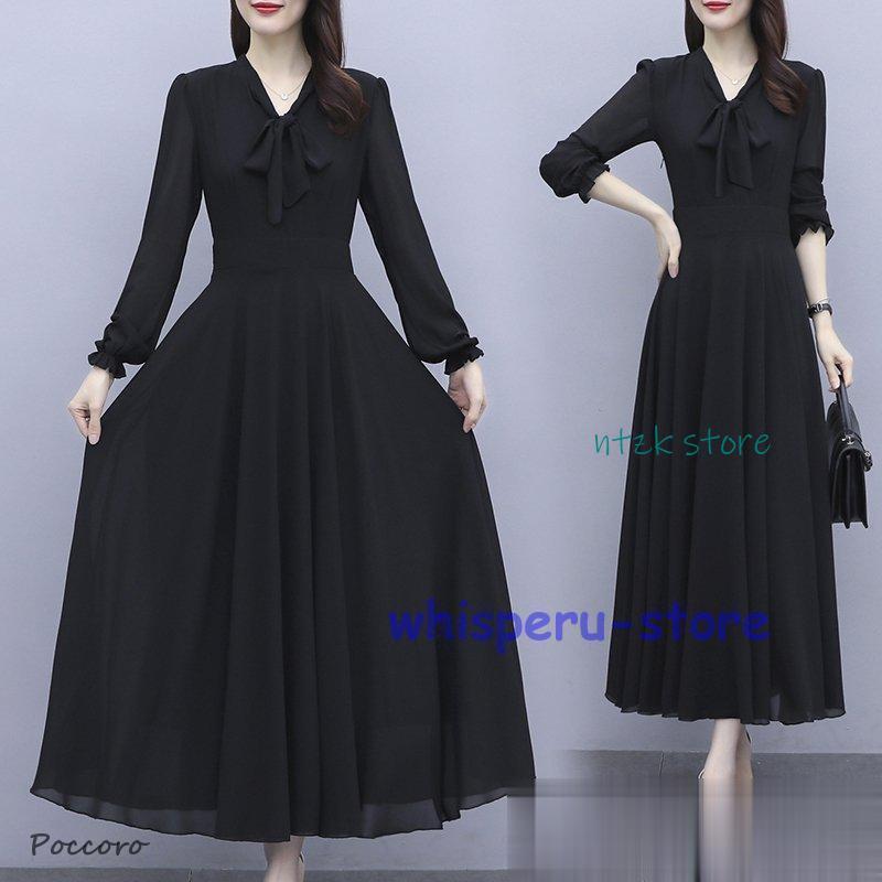 秋冬新作 長袖ワンピース レディース 秋 Vネック ロングワンピース フォーマル 大きいサイズ 体型カバー シンプル お呼ばれドレス 結婚式 二次会 パーティー