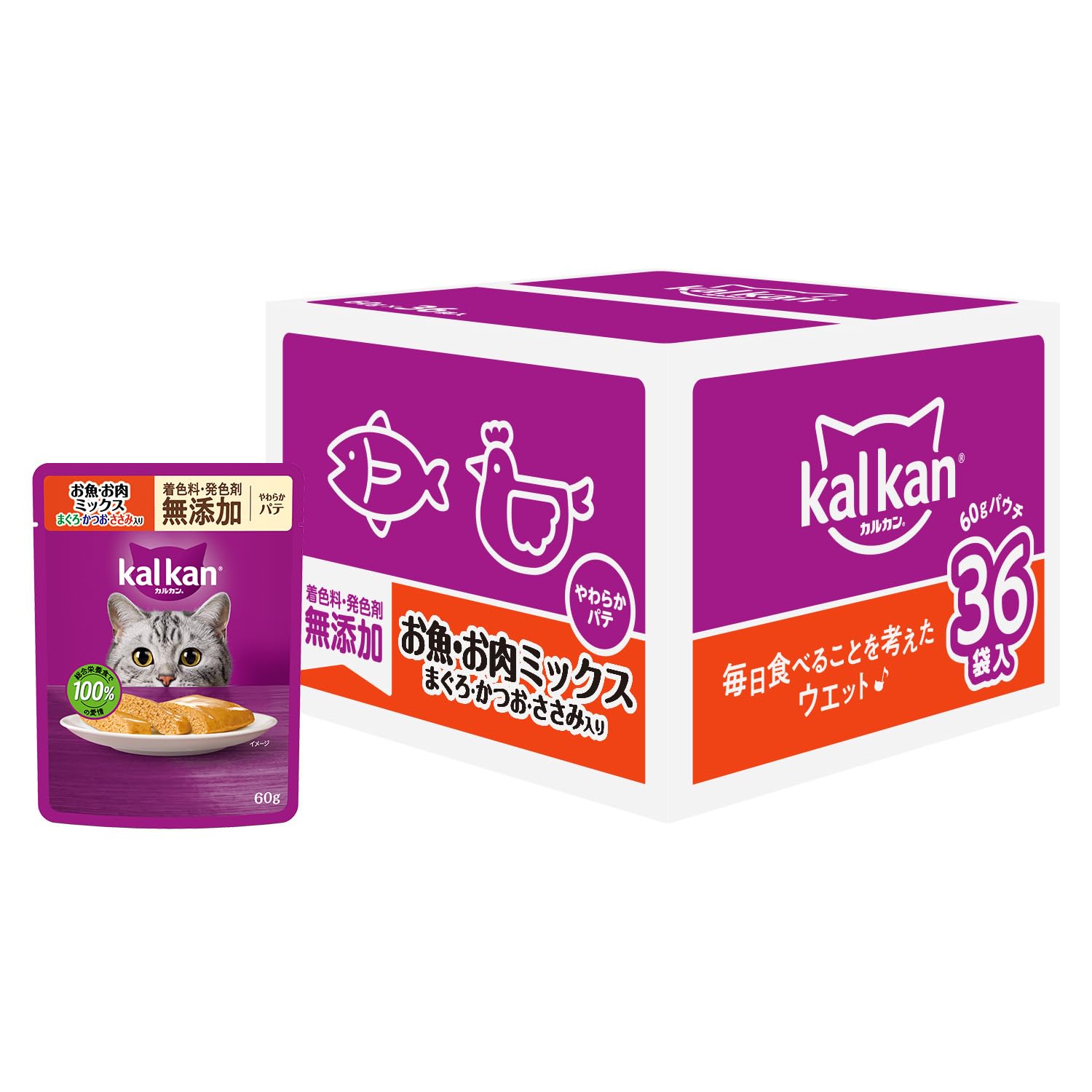 カルカン パウチ パテ 1歳から 60g×36袋 着色料・発色剤 無添加 お魚・お肉ミックス まぐろ・かつお・ささみ入り 成猫用 やわらかパテウェットフード キャットフード 総合栄養食 水分補給 毎日