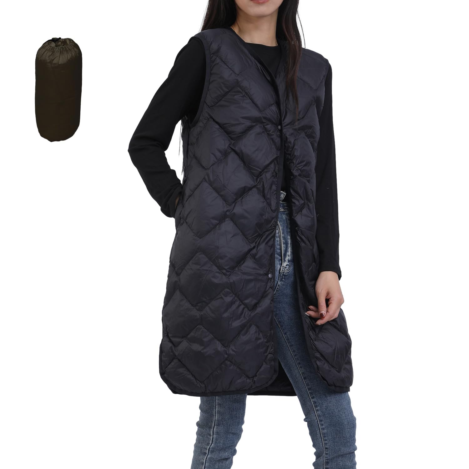 [Minax] ダウンベスト レディース ロング丈 トップス 冬服 防寒着 冬 防寒 体型カバー 2WAY インナーダウン 袖なし 軽量 防寒 防風 暖かい 保温 ジャケット 無地 シンプル カジュア