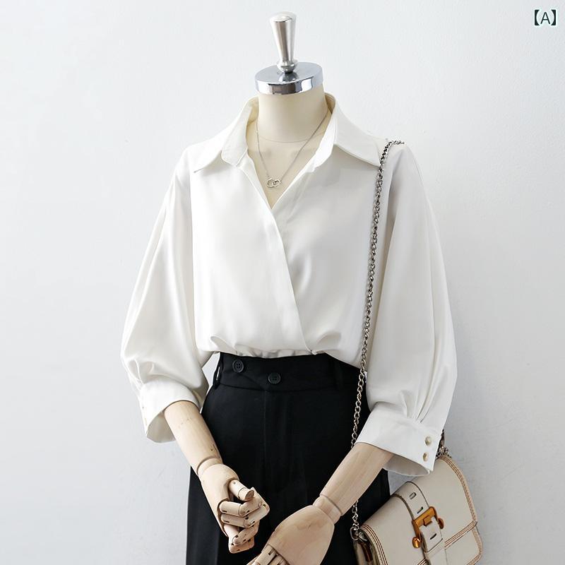 レディース シャツ ブラウス 七分袖 春夏秋 トップス シャツ襟 開襟 白 フレンチスタイル オフホワイト 斜めブレスト エレガント モダン シンプル クラシック スタイリッシュ