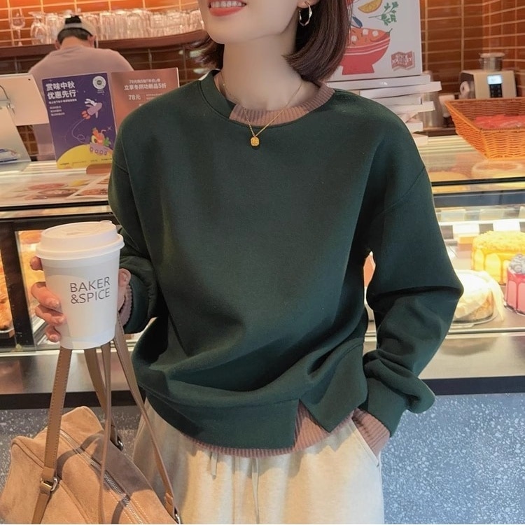 コントラストカラー ステッチ レイヤード レディース トップス ニット セーター 長袖 ラウンドネック スリム 細身 フェミニン 大人可愛い きれいめ シンプル 上品 おしゃれ かっこいい こなれ感