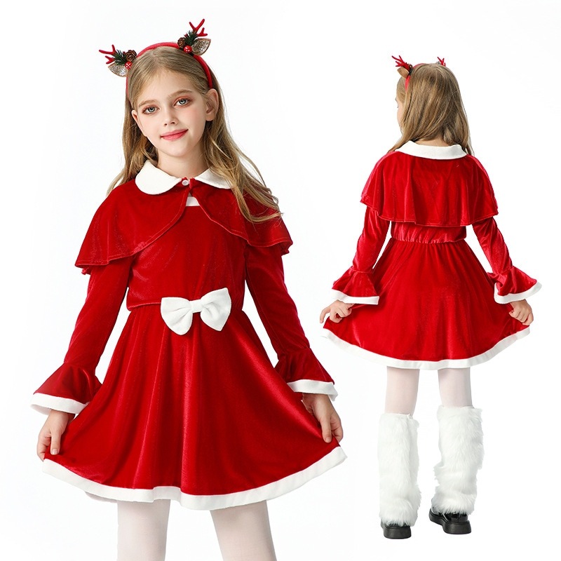2025クリスマス子供服女の子赤いスカートショールケープドレスサンタクロース子供服国境を越えた