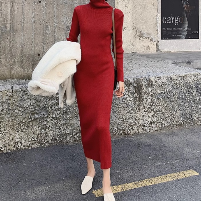 レディース スカート ワンピース ニット セーター プルオーバー ニットワンピ ニットスカート ロングスカート ロング 長袖 タートルネック タイト スリム 細身 スマート 伸縮性 かわいい